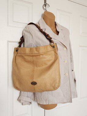 FOSSIL DARK BEIGE HOBO SHOULDER BAG LITTLE DISTRESSED PEBBLED LEATHER
